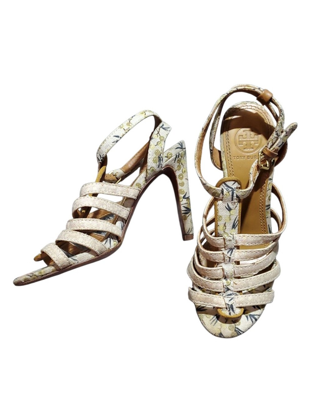 Tory Burch Floral Strappy High Heel Sandals in Cream and Yellow Accents